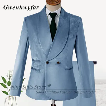 Элегантные Небесно-голубые бархатные смокинги G & N для жениха, Свадебные костюмы Включают блейзер и брюки, Двубортный пиджак с 3 карманами